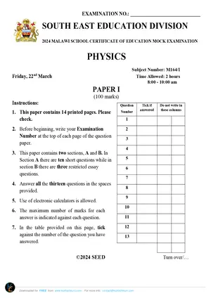 2024 SEED MSCE Physics Paper I Mock with Answers - Preview