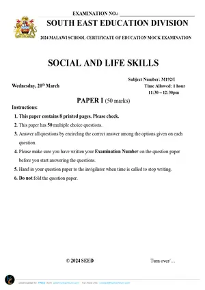 2024 SEED MSCE Social and Life Skills Paper I Mock with Answers - Preview