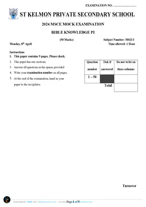 2024 St Kelmon MSCE Bible Knowledge Paper I - Preview