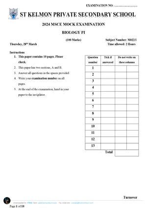 2024 St Kelmon MSCE Biology Paper I - Preview