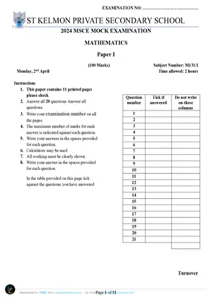 2024 St Kelmon MSCE Mathematics Paper I - Preview