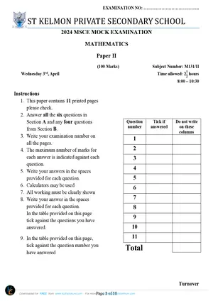 2024 St Kelmon MSCE Mathematics Paper II - Preview