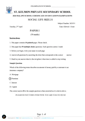 2024 St Kelmon MSCE Social and Life Skills Paper I - Preview