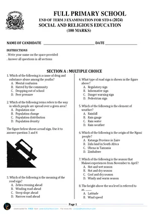 2024 Standard 6 Term 3 Social and Religious Studies Past Paper - Preview