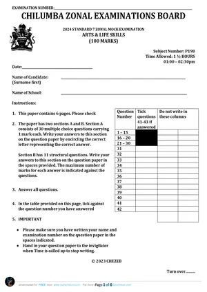 2024 Standard 7 Chilumba Zone Term 3 Arts and Life Skills Past Paper - Preview