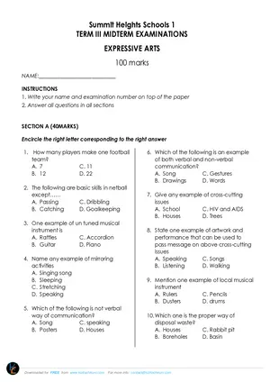 2024 Summit Heights Standard 6 Midterm Term 3 Arts and Life Skills Past Paper - Preview