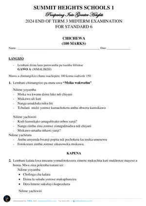 2024 Summit Heights Standard 6 Midterm Term 3 Chichewa Past Paper - Preview