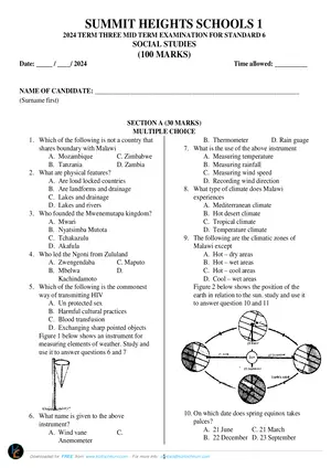 2024 Summit Heights Standard 6 Midterm Term 3 Social and Religious Studies Past Paper - Preview