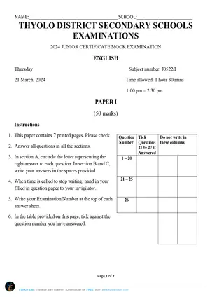 2024 Thyolo District JCE English Paper I Mock - Preview