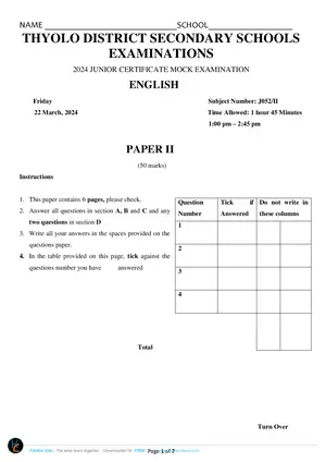 2024 Thyolo District JCE English Paper II Mock - Preview