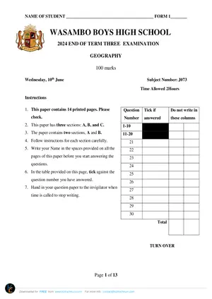 2024 Wasambo Form 1 Term 3 Geography Past Exam Papers - Preview