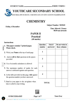 2024 YouthCare Secondary School Form 3 Term 1 Chemistry Paper II - YCM - Preview