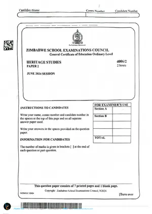 2024 ZimSEC GCE O-Level Heritage Studies Paper 2 June Session Examination - Preview