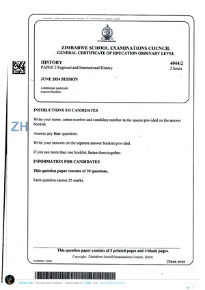 2024 ZimSEC GCE O-Level History Paper 2 (Regional and International History) June Session Examinations - Preview