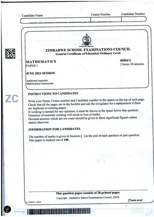 2024 ZimSEC GCE O-Level Mathematics Paper 1 June Session Examinations - Preview
