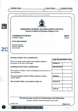 2024 Zimbabwe School Examination Council (ZimSEC) GCE O-Level Combined Science Paper 2 - Preview