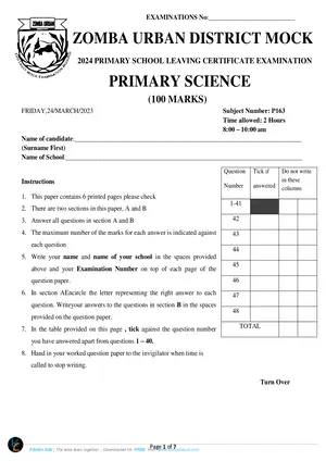 2024 Zomba Urban PSLCE Primary Science - Preview