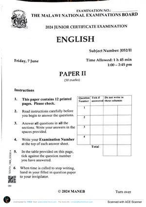 2024 MANEB JCE English Paper 2 (50 marks) - Preview