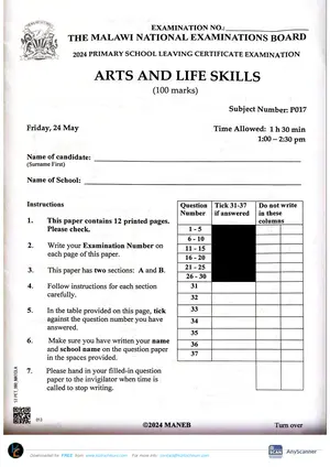 2024 MANEB PSLCE Arts and Life Skills Past Paper - Preview