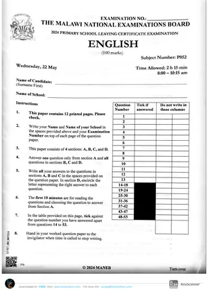 2024 MANEB PSLCE English Past Paper - Preview