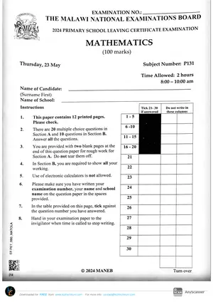 2024 MANEB PSLCE Mathematics Past Paper - Preview
