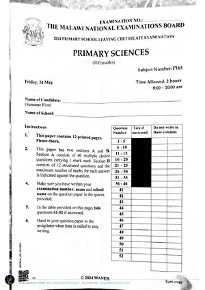 2024 MANEB PSLCE Primary Science Past Paper - Preview