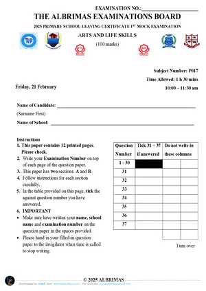 2025 ALBRIMAS PSLCE Arts and Life Skills First Mock - Preview