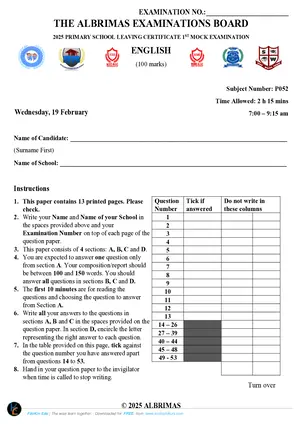 2025 Albrimas PSLCE English First Mock - Preview