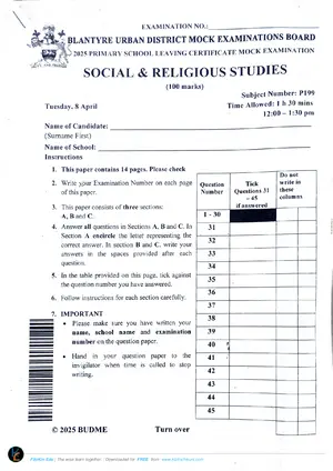 2025 BLANTYRE Urban PSLCE Social and Religious Studies Mock - Preview