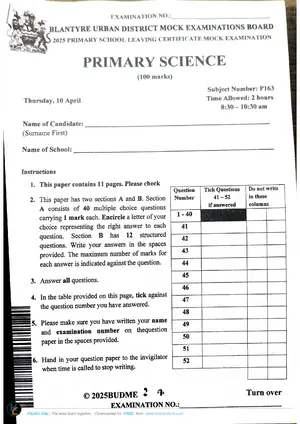 2025 Blantyre Urban PSLCE Primary Science Mock - Preview