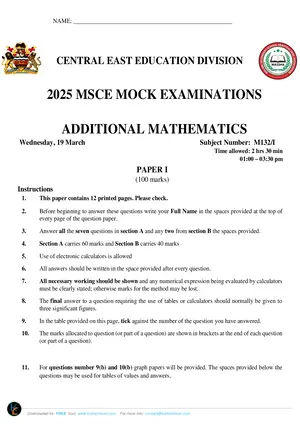 2025 CEED MSCE Additional Mathematics Paper I - Preview
