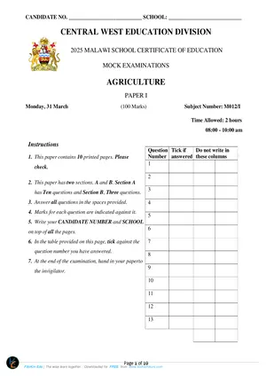 2025 CWED MSCE Agriculture Paper I Mock with Answers - Preview
