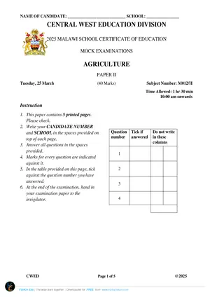 2025 CWED MSCE Agriculture Paper II Mock with Answers - Preview