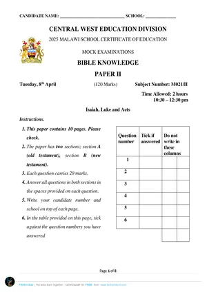 2025 CWED MSCE Bible Knowledge Paper II Mock with Answers - Preview