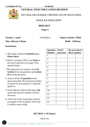 2025 CWED MSCE Biology Paper I Mock with Answers - Preview