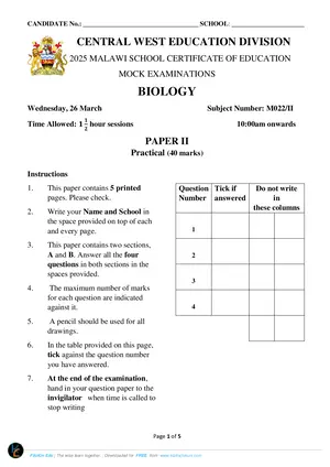 2025 CWED MSCE Biology Paper II Mock with Answers - Preview