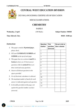 2025 CWED MSCE Chemistry Paper I Mock with Answers - Preview