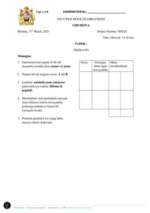 2025 CWED MSCE Chichewa Paper I Mock with Answers - Preview