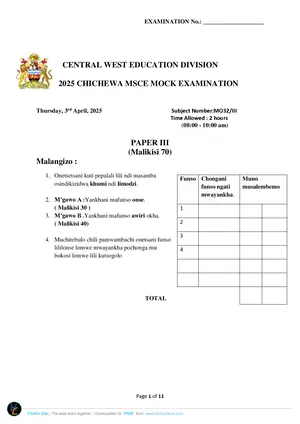 2025 CWED MSCE Chichewa Paper III Mock with Answers - Preview