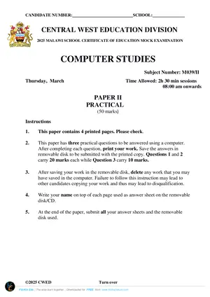 2025 CWED MSCE Computer Studies Paper II Mock with Answers - Preview