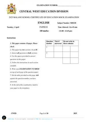 2025 CWED MSCE English Paper II Mock with Answers - Preview