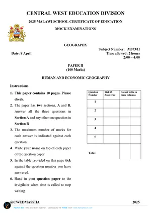 2025 CWED MSCE Geography Paper II Mock with Answers - Preview