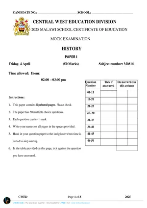 2025 CWED MSCE History Paper I Mock with Answers - Preview