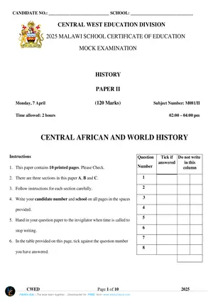2025 CWED MSCE History Paper II Mock with Answers - Preview