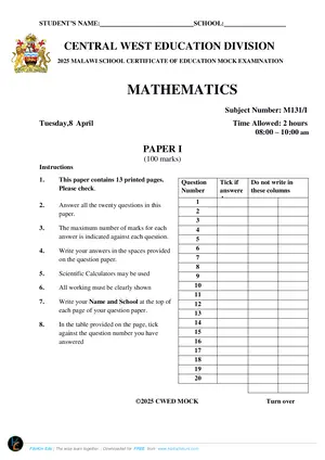 2025 CWED MSCE Mathematics Paper I Mock with Answers - Preview