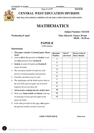 2025 CWED MSCE Mathematics Paper II Mock - Preview
