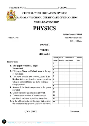 2025 CWED MSCE Physics Paper I Mock with Answers - Preview