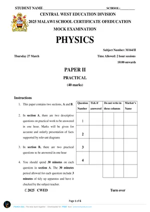 2025 CWED MSCE Physics Paper II Mock with Answers - Preview