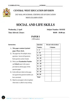 2025 CWED MSCE Social and Life Skills Paper I Mock with Answers - Preview