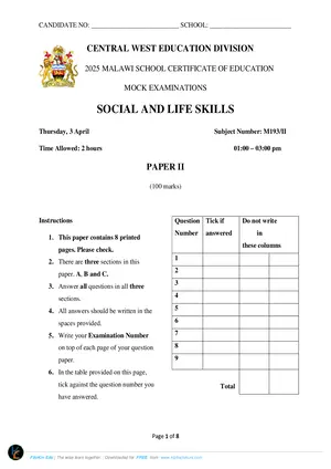 2025 CWED MSCE Social and Life Skills Paper II Mock with Answers - Preview